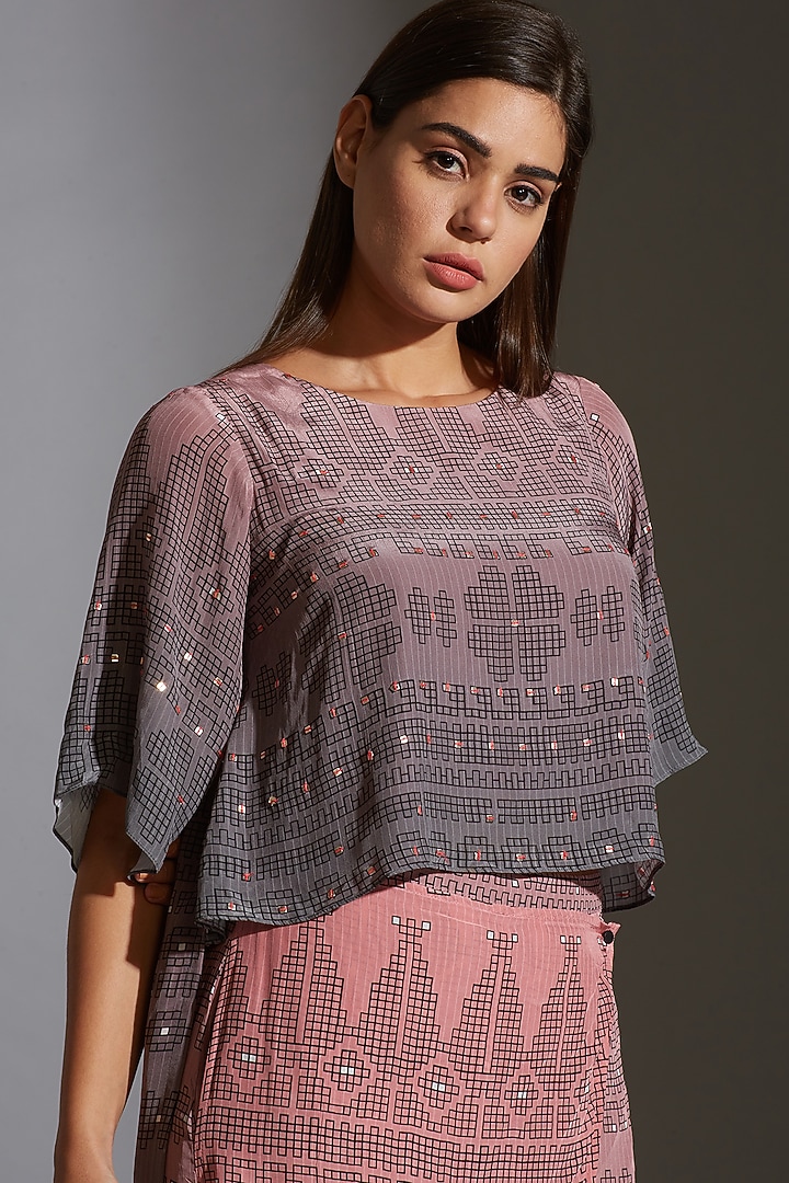 Pink & Grey Hand Embroidered Flap Pant Set by Soup by Sougat Paul at Pernia's Pop Up Shop