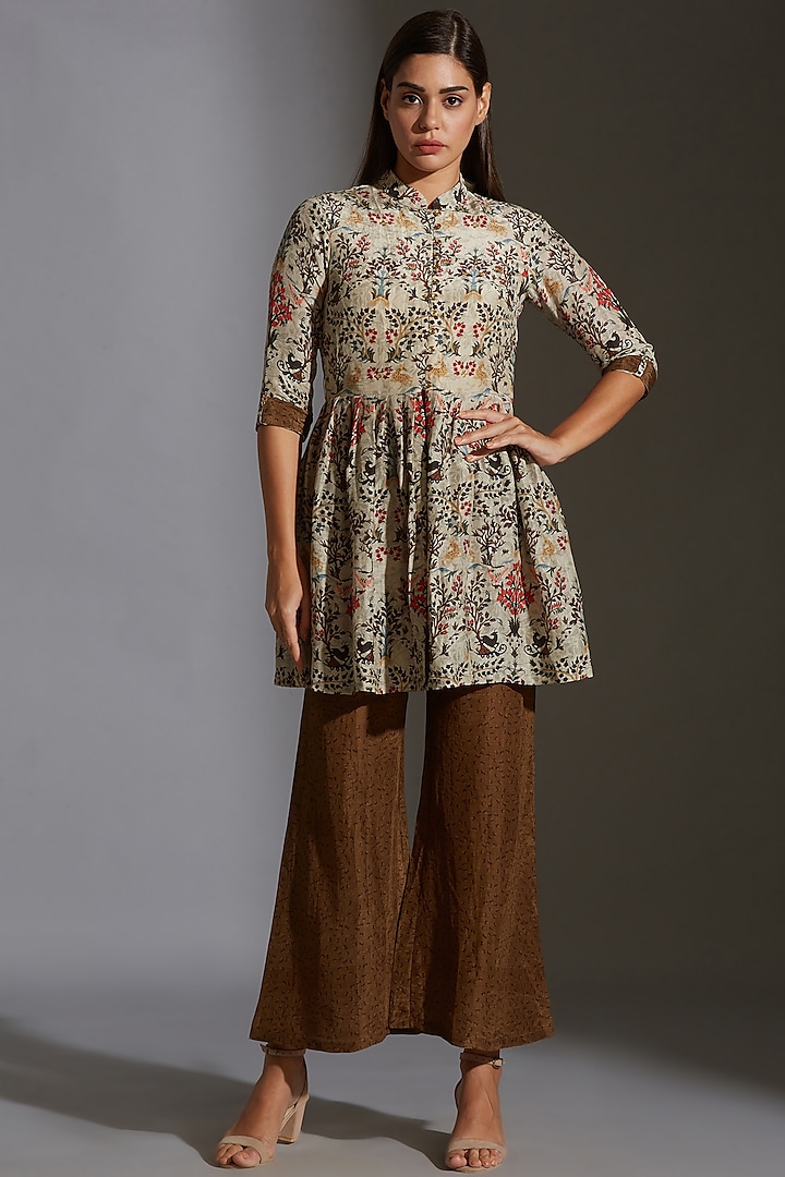 Beige Printed & Embroidered Pant Set by Soup by Sougat Paul