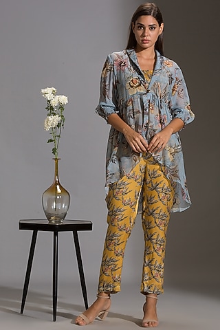 Powder Blue & Yellow Jumpsuit With Jacket by Soup by Sougat Paul