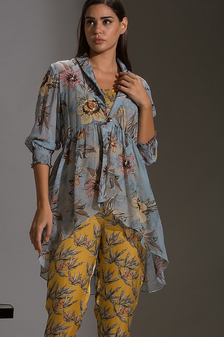 Powder Blue & Yellow Jumpsuit With Jacket by Soup by Sougat Paul at Pernia's Pop Up Shop