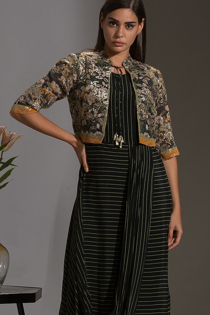 Green & Black Printed Bomber Jacket Set by Soup by Sougat Paul at Pernia's Pop Up Shop