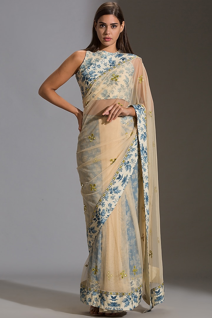 Powder Blue Machine Embroidered Pre-Stitched Saree Set by Soup by Sougat Paul