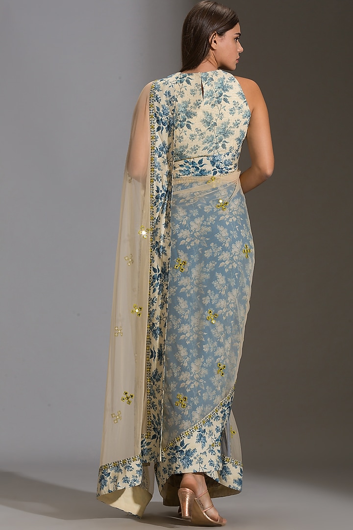 Powder Blue Machine Embroidered Pre-Stitched Party Wear Saree Set by Soup by Sougat Paul at Pernia's Pop Up Shop