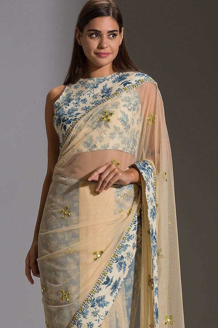 Powder Blue Machine Embroidered Pre-Stitched Party Wear Saree Set by Soup by Sougat Paul at Pernia's Pop Up Shop