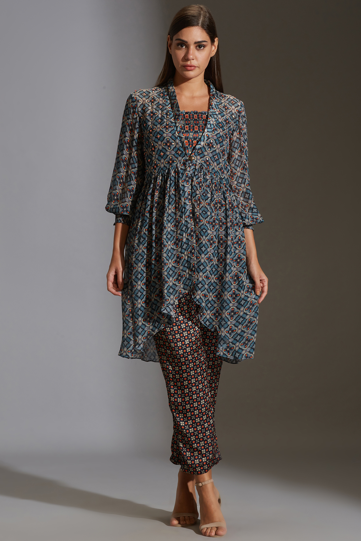 Cobalt Blue Printed & Embroidered Pant Set by Soup by Sougat Paul at Pernia's Pop Up Shop