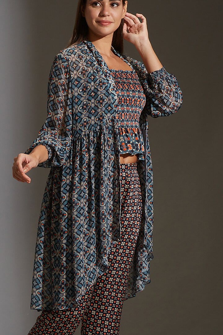 Cobalt Blue Printed & Embroidered Pant Set by Soup by Sougat Paul at Pernia's Pop Up Shop