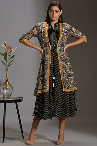 Green & Black Printed Jacket Set by Soup by Sougat Paul