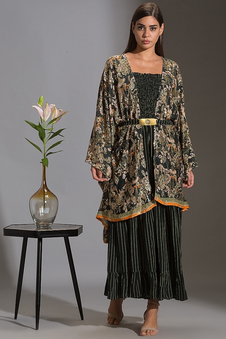Green & Black Printed Jumpsuit With Cape by Soup by Sougat Paul