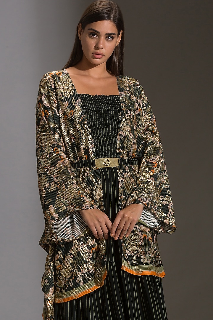 Green & Black Printed Jumpsuit With Cape by Soup by Sougat Paul at Pernia's Pop Up Shop