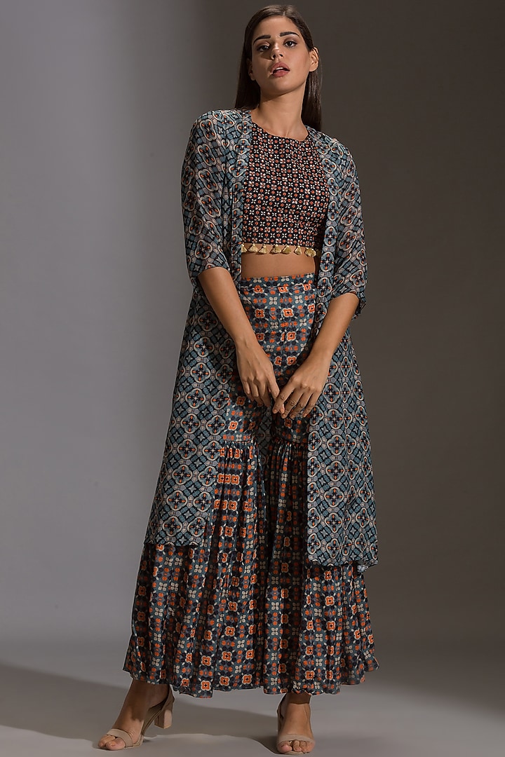 Blue Printed & Embroidered Sharara Set by Soup by Sougat Paul