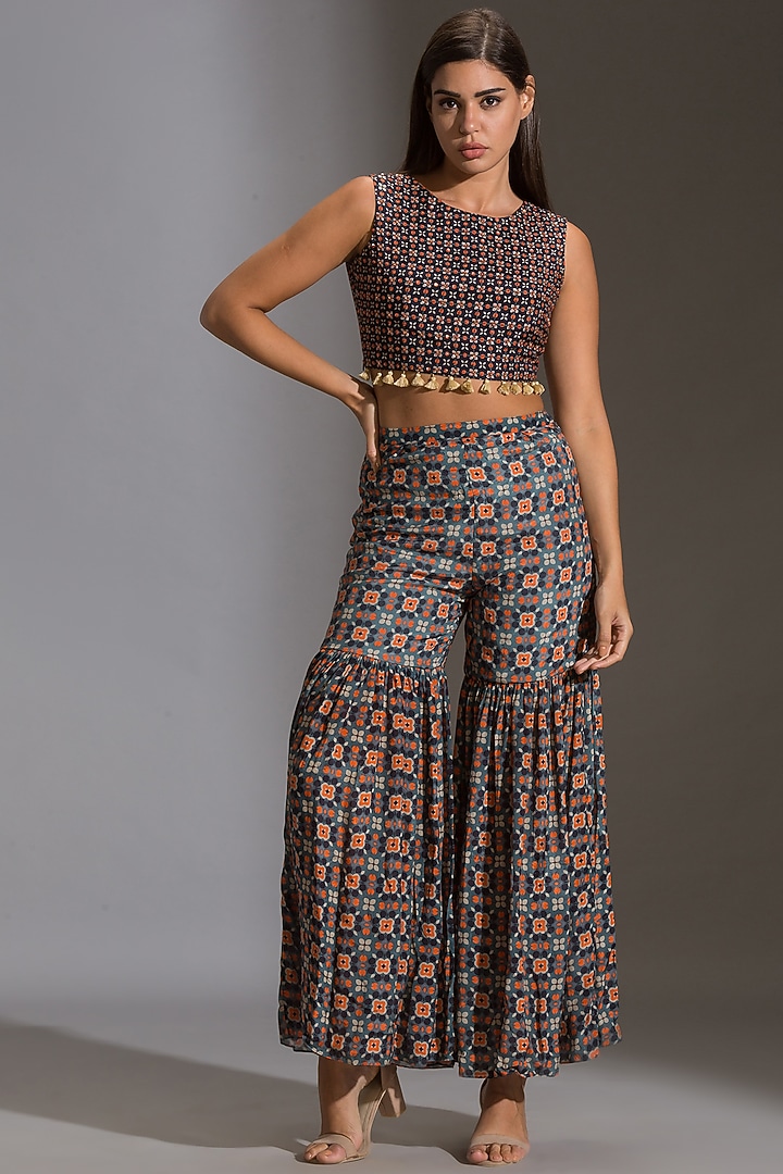 Blue Printed & Embroidered Party Wear Sharara Set by Soup by Sougat Paul at Pernia's Pop Up Shop