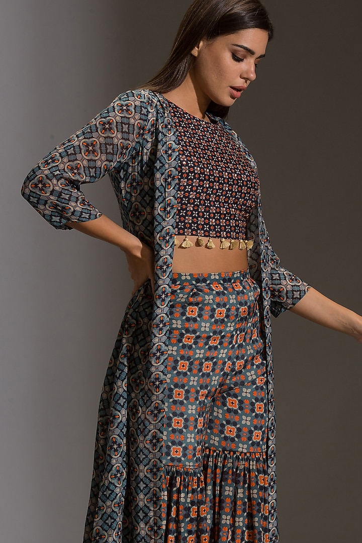 Blue Printed & Embroidered Party Wear Sharara Set by Soup by Sougat Paul at Pernia's Pop Up Shop