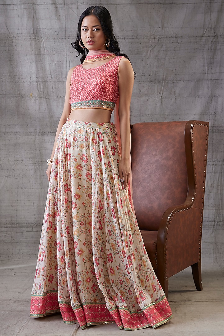 Peach Flat Chiffon Embroidered Lehenga Set by Soup by Sougat Paul