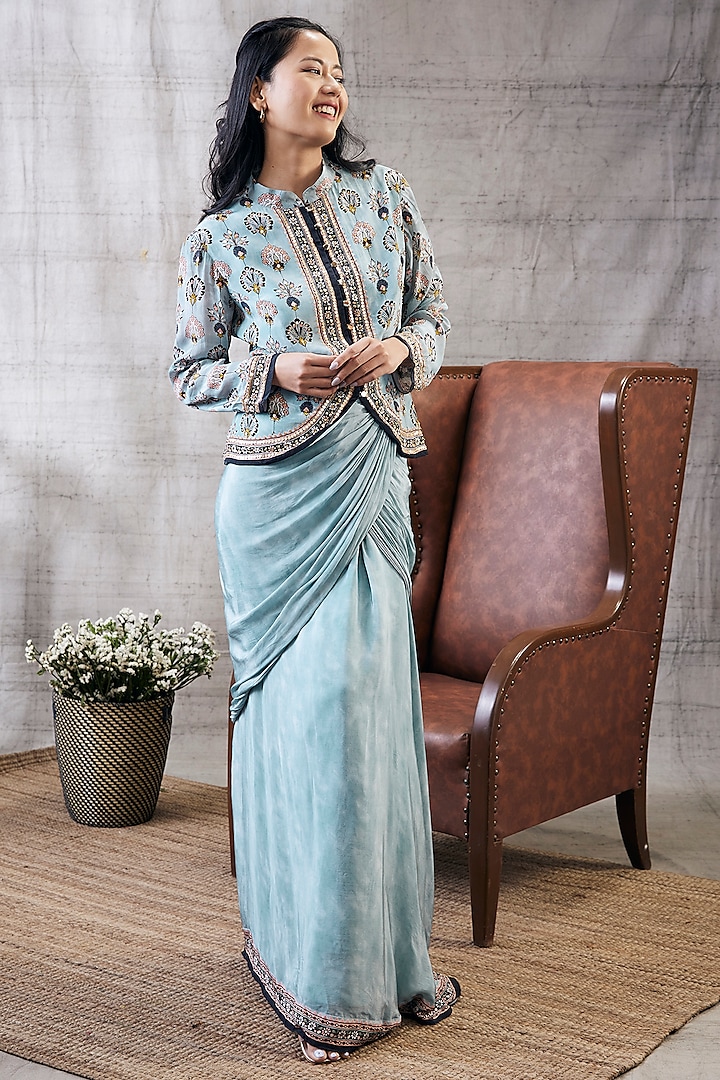 Blue Crepe Draped Skirt Set by Soup by Sougat Paul at Pernia's Pop Up Shop