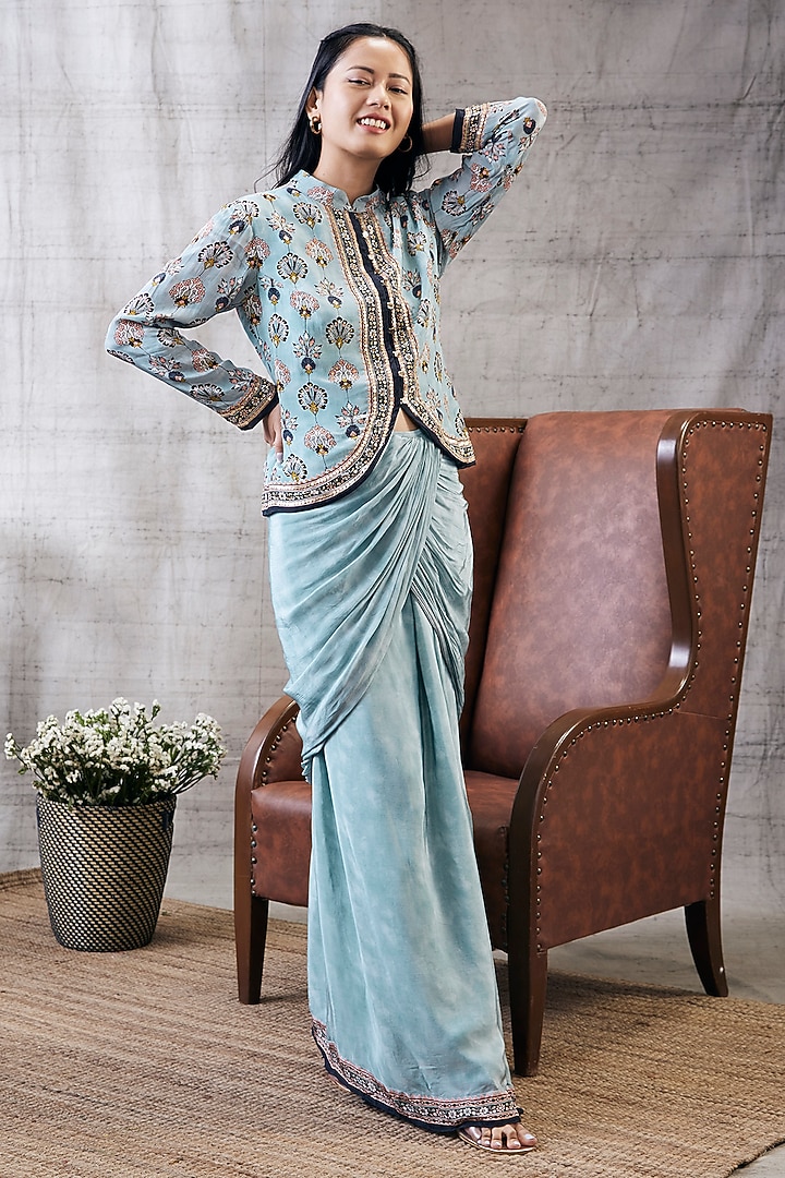 Blue Crepe Draped Skirt Set by Soup by Sougat Paul at Pernia's Pop Up Shop