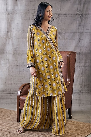Yellow Crepe Embroidered Pant Set by Soup by Sougat Paul