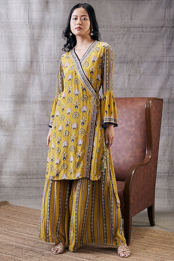 Yellow Crepe Embroidered Pant Set by Soup by Sougat Paul at Pernia's Pop Up Shop