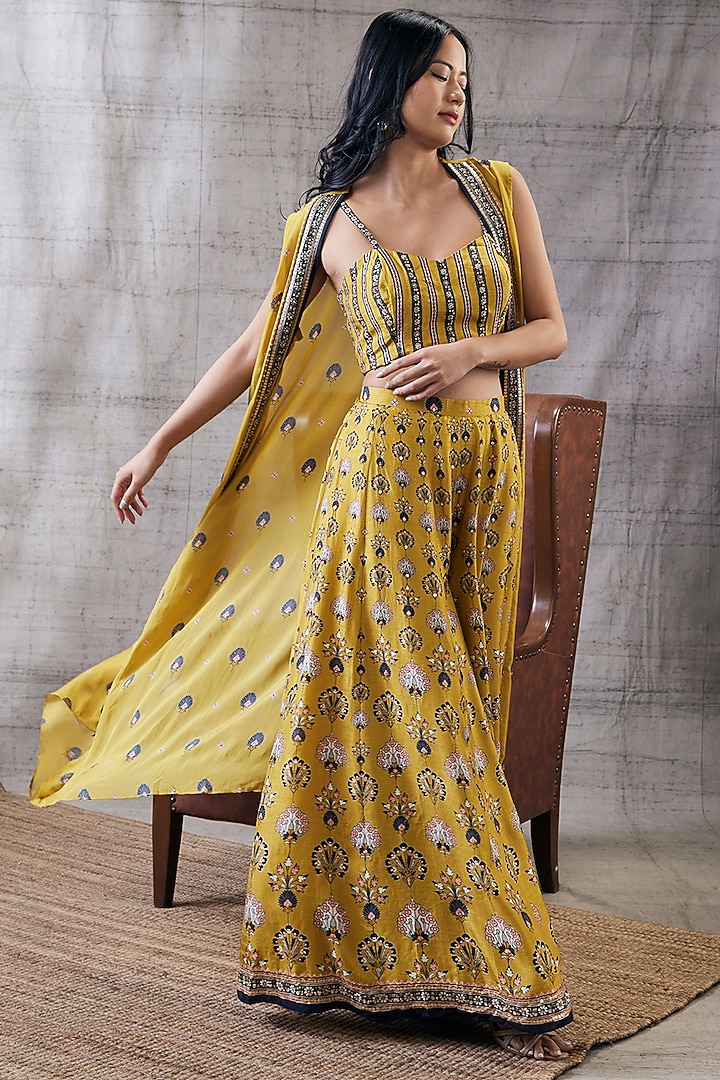 Yellow Malaysian Silk Embroidered Jacket Set by Soup by Sougat Paul at Pernia's Pop Up Shop