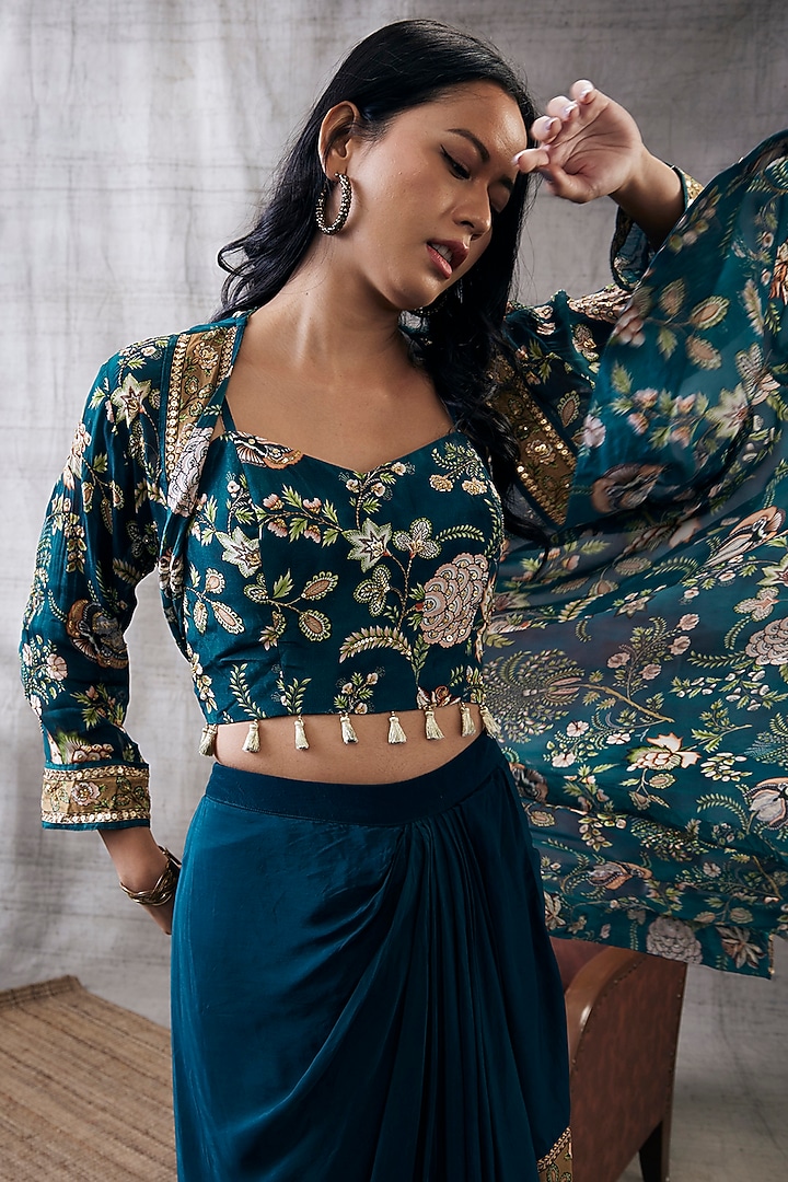 Green Crepe & Flat Chiffon Printed Jacket Set by Soup by Sougat Paul at Pernia's Pop Up Shop