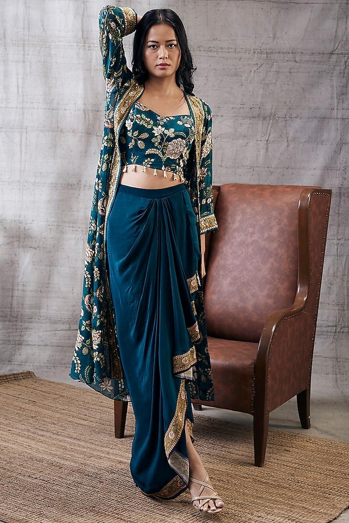 Green Crepe & Flat Chiffon Printed Jacket Set by Soup by Sougat Paul at Pernia's Pop Up Shop