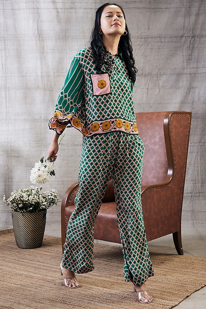 Green Crepe Printed Co-Ord Set by Soup by Sougat Paul
