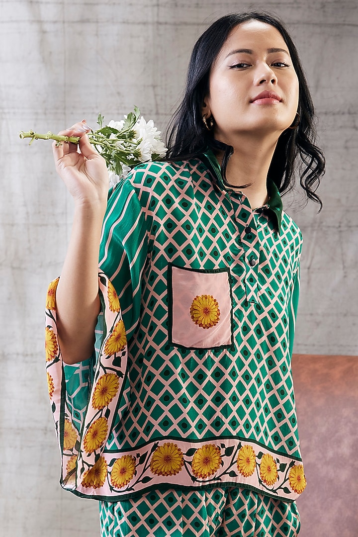 Green Crepe Printed Co-Ord Set by Soup by Sougat Paul at Pernia's Pop Up Shop