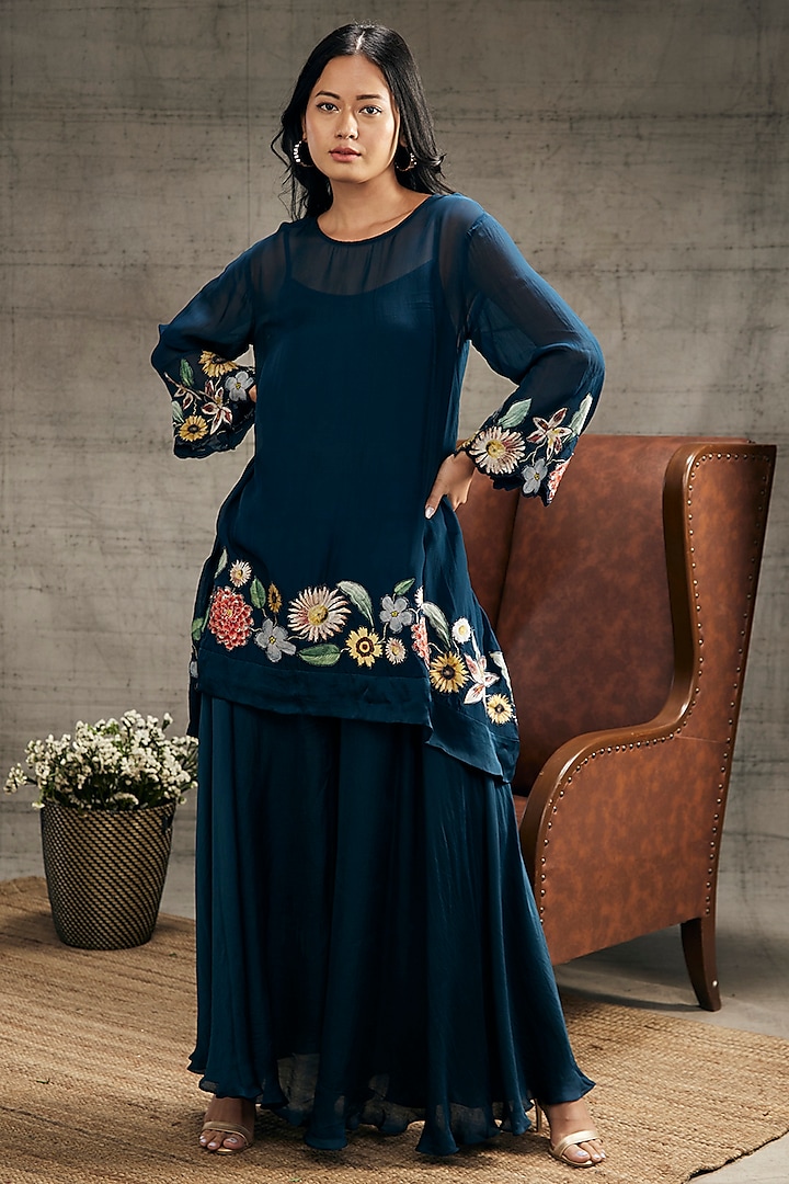 Teal Blue Organza & Satin Linen Embroidered Cape Set by Soup by Sougat Paul at Pernia's Pop Up Shop