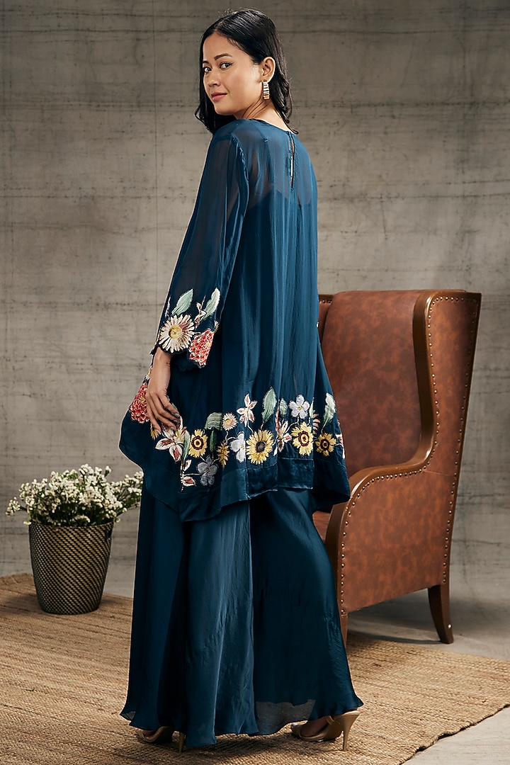 Teal Blue Organza & Satin Linen Embroidered Cape Set by Soup by Sougat Paul at Pernia's Pop Up Shop