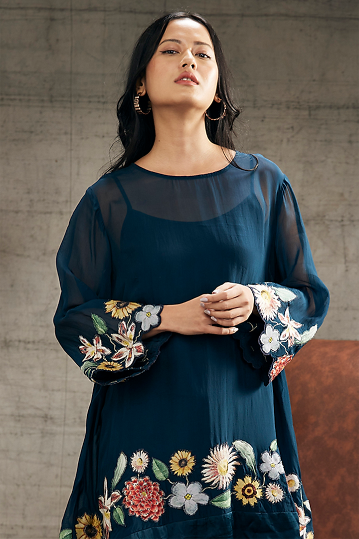 Teal Blue Organza & Satin Linen Embroidered Cape Set by Soup by Sougat Paul at Pernia's Pop Up Shop