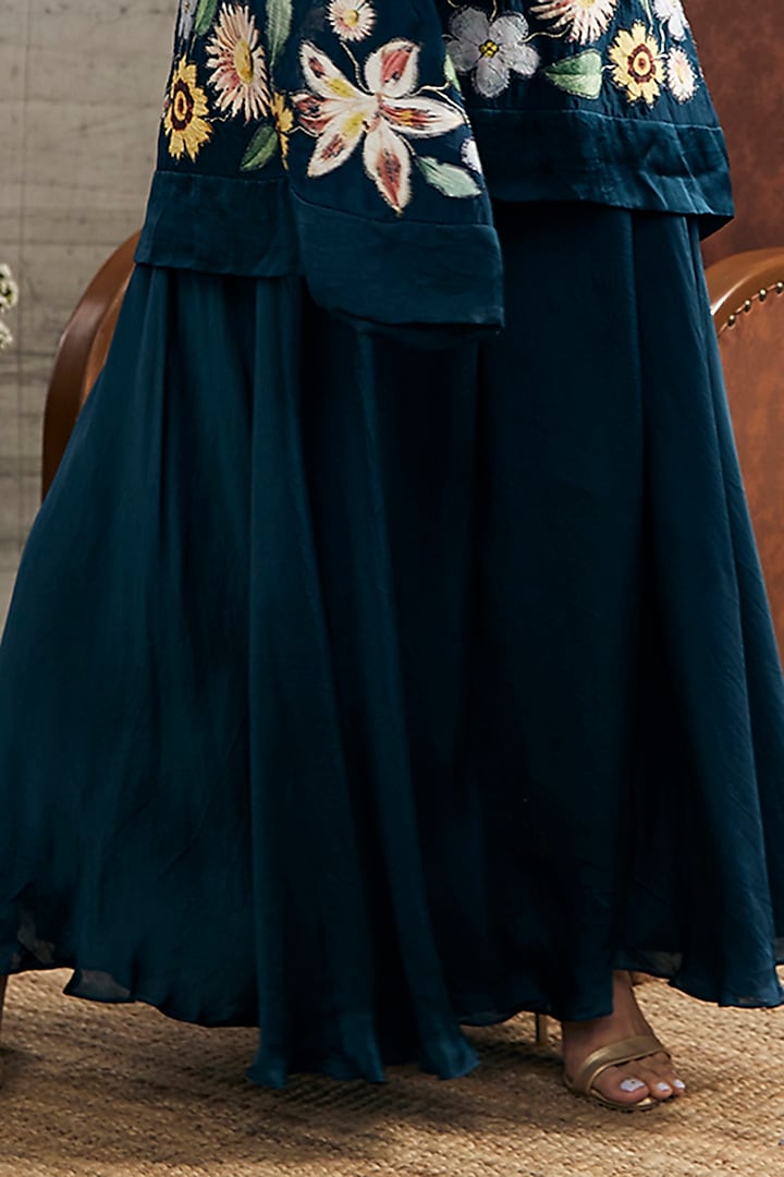 Teal Blue Organza & Satin Linen Embroidered Cape Set by Soup by Sougat Paul at Pernia's Pop Up Shop