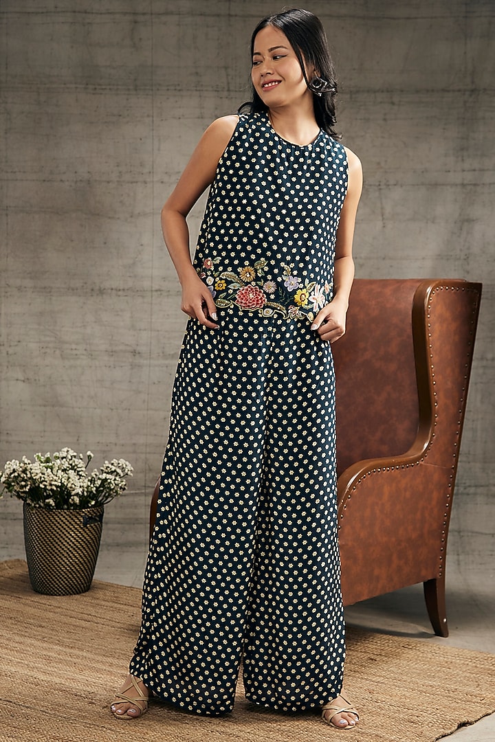 Teal Blue Crepe Embroidered Co-Ord Set by Soup by Sougat Paul at Pernia's Pop Up Shop