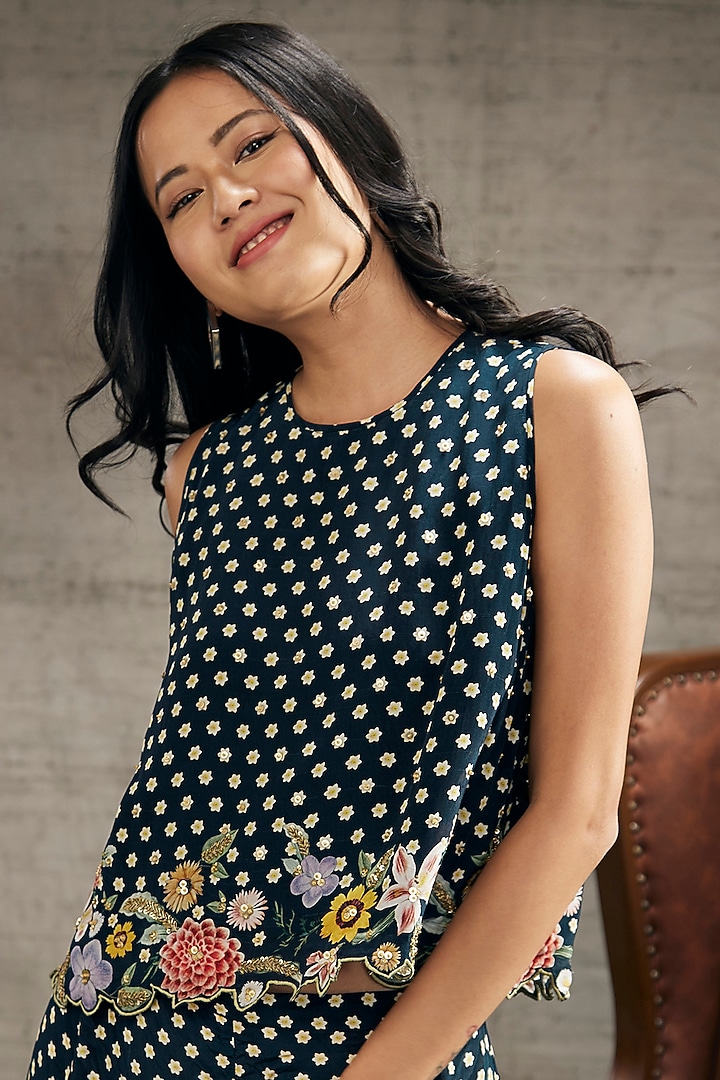 Teal Blue Crepe Embroidered Co-Ord Set by Soup by Sougat Paul at Pernia's Pop Up Shop