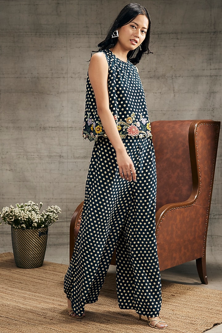 Teal Blue Crepe Embroidered Co-Ord Set by Soup by Sougat Paul at Pernia's Pop Up Shop