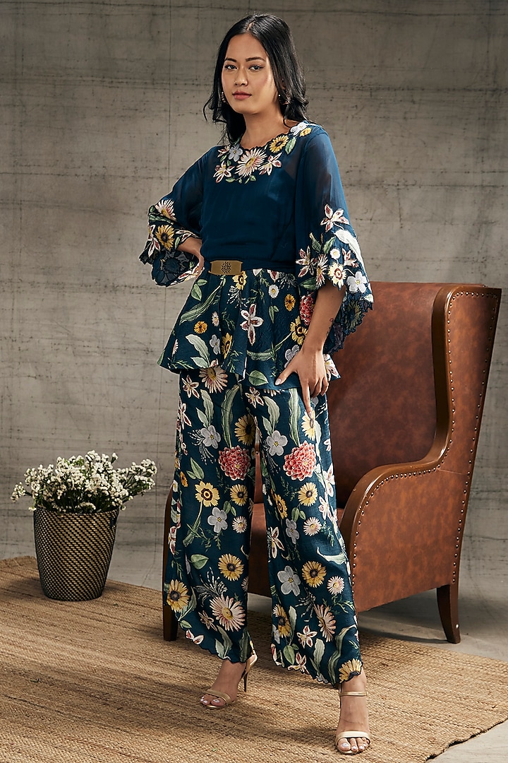 Teal Blue Malaysian Silk & Organza Embroidered Co-Ord Set by Soup by Sougat Paul at Pernia's Pop Up Shop