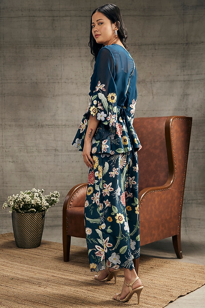 Teal Blue Malaysian Silk & Organza Embroidered Co-Ord Set by Soup by Sougat Paul at Pernia's Pop Up Shop
