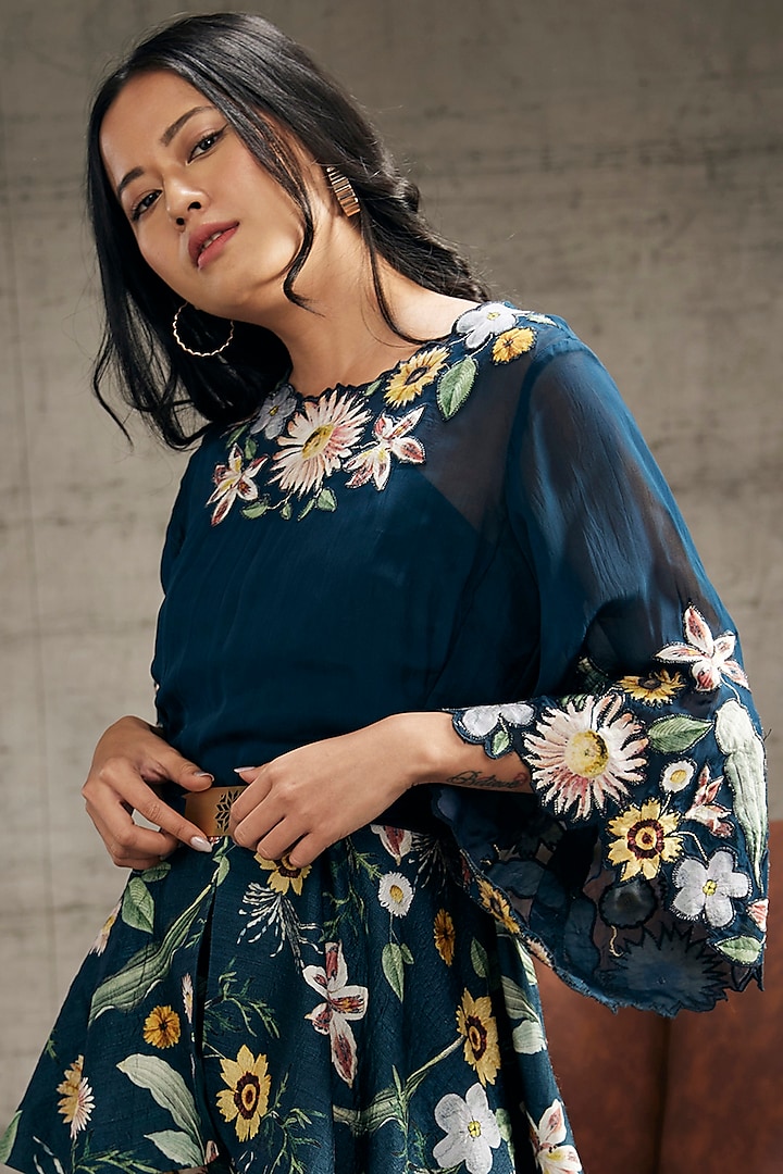 Teal Blue Malaysian Silk & Organza Embroidered Co-Ord Set by Soup by Sougat Paul at Pernia's Pop Up Shop