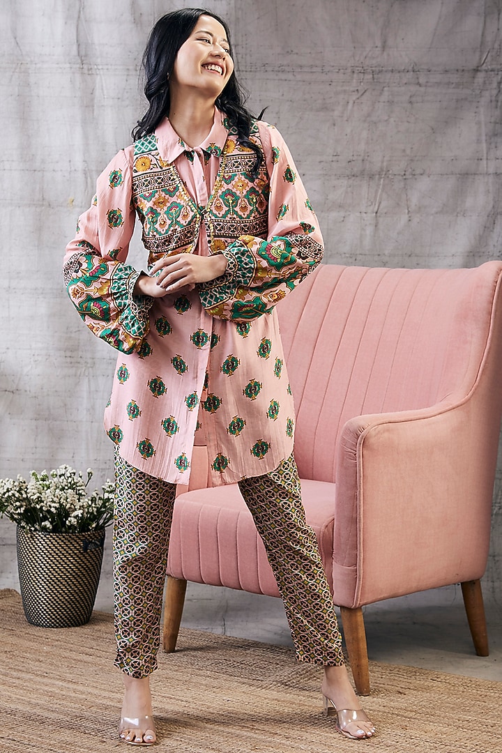 Multi-Colored Malaysian Silk Printed Jacket Set by Soup by Sougat