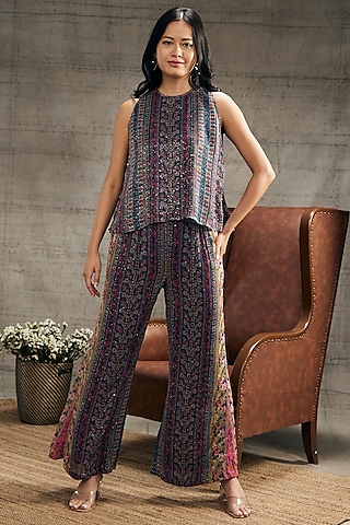 Blue Sequins Printed Co-Ord Set by Soup by Sougat Paul