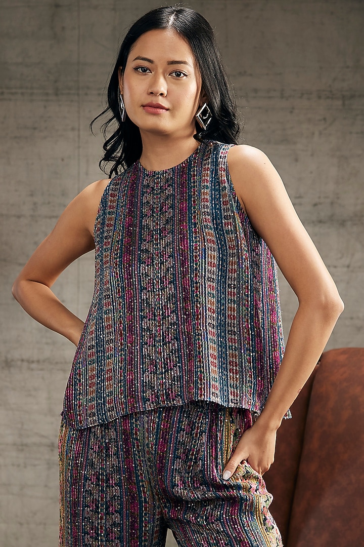 Blue Sequins Printed Co-Ord Set by Soup by Sougat Paul at Pernia's Pop Up Shop