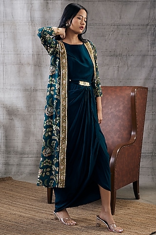 Green Crepe & Flat Chiffon Printed Jacket Set by Soup by Sougat Paul