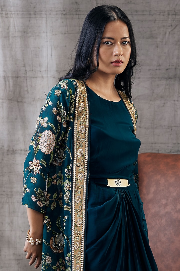 Green Crepe & Flat Chiffon Printed Jacket Set by Soup by Sougat Paul at Pernia's Pop Up Shop