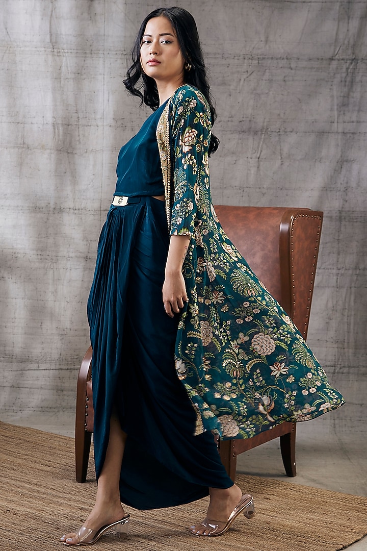 Green Crepe Flat Chiffon Printed Jacket Set by Soup by Sougat