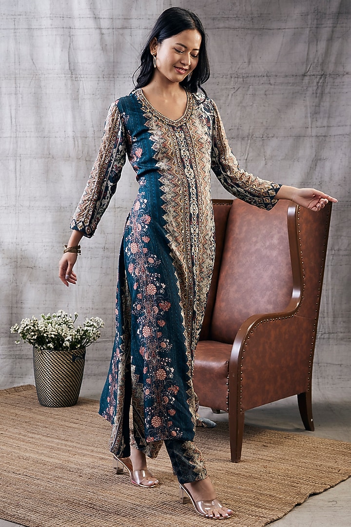 Blue Cotton Silk Embroidered Kurta Set by Soup by Sougat Paul at Pernia's Pop Up Shop