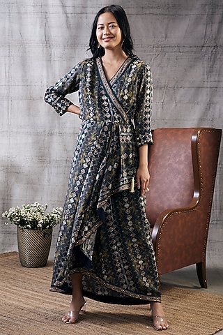 Black Cotton Silk Embroidered Draped Dress by Soup by Sougat Paul