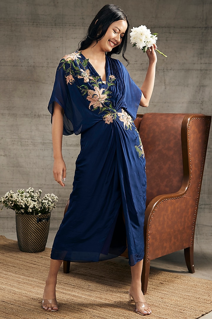 Blue Crepe Embroidered Dress by Soup by Sougat Paul