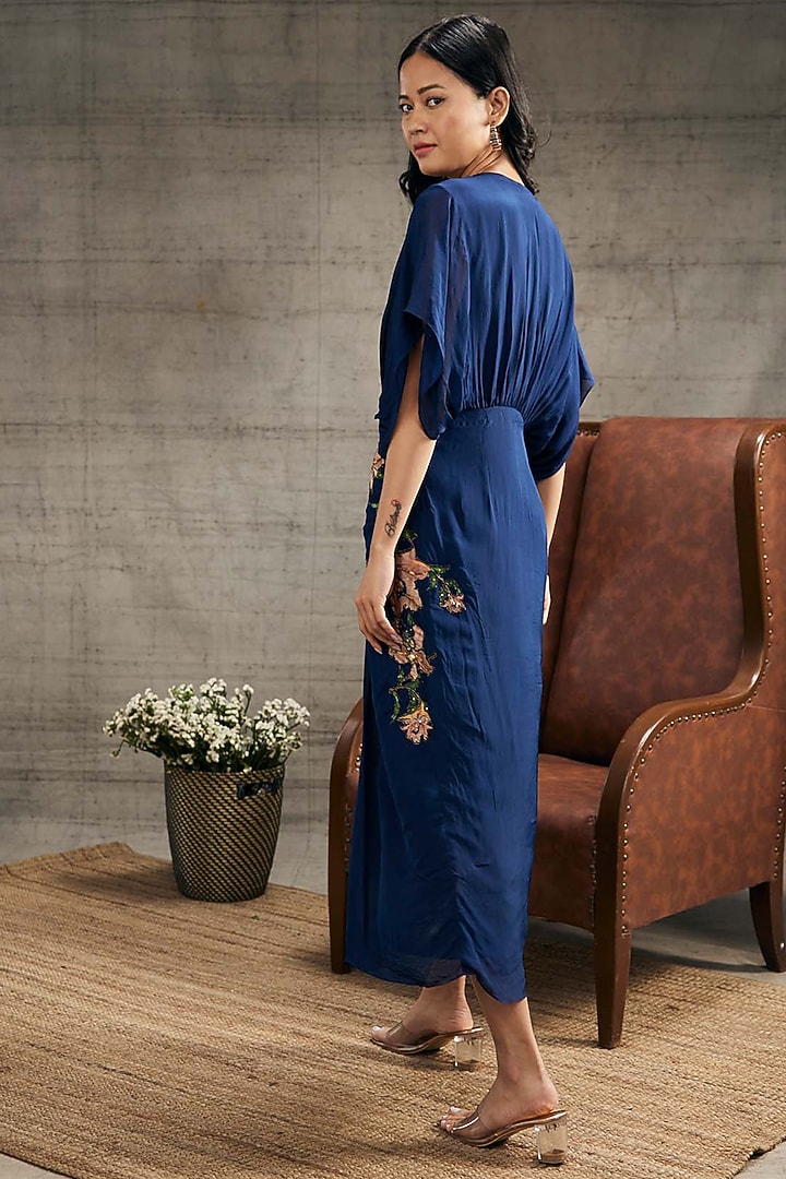 Blue Crepe Embroidered Vacation Dress by Soup by Sougat Paul at Pernia's Pop Up Shop