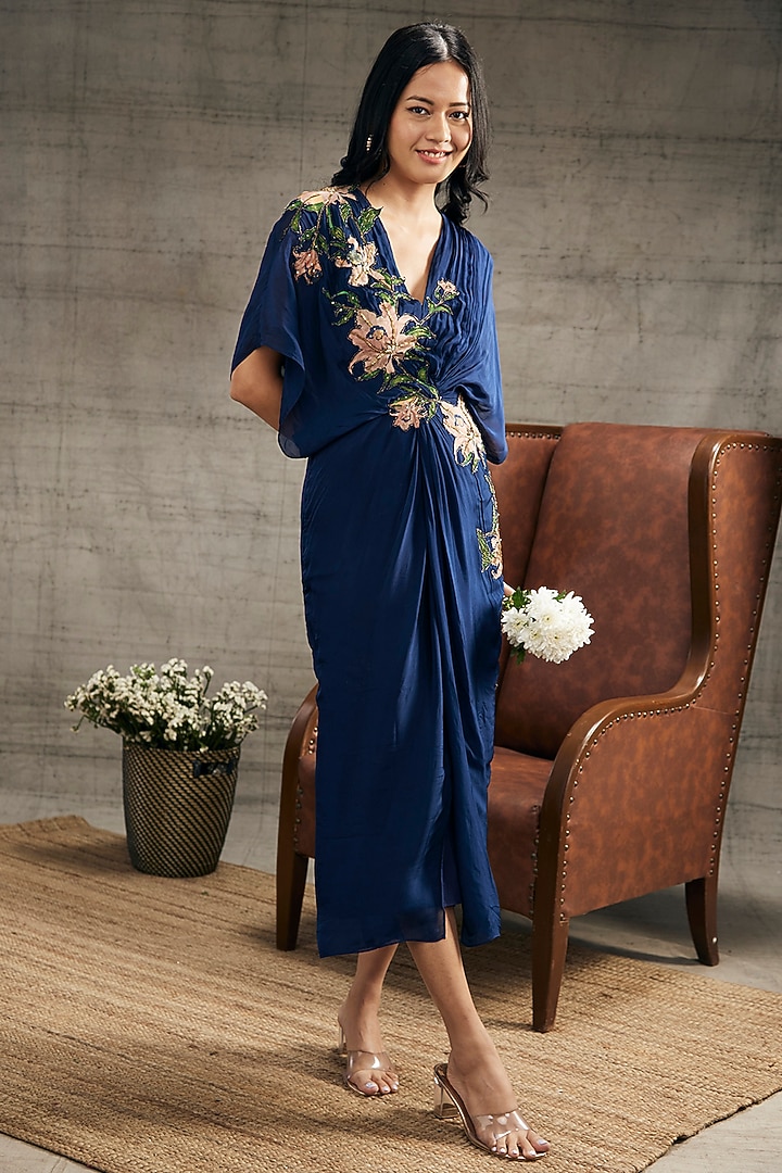 Blue Crepe Embroidered Vacation Dress by Soup by Sougat Paul at Pernia's Pop Up Shop