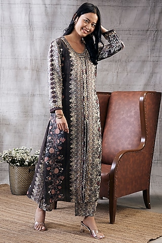 Brown Cotton Silk Embroidered Kurta Set by Soup by Sougat Paul