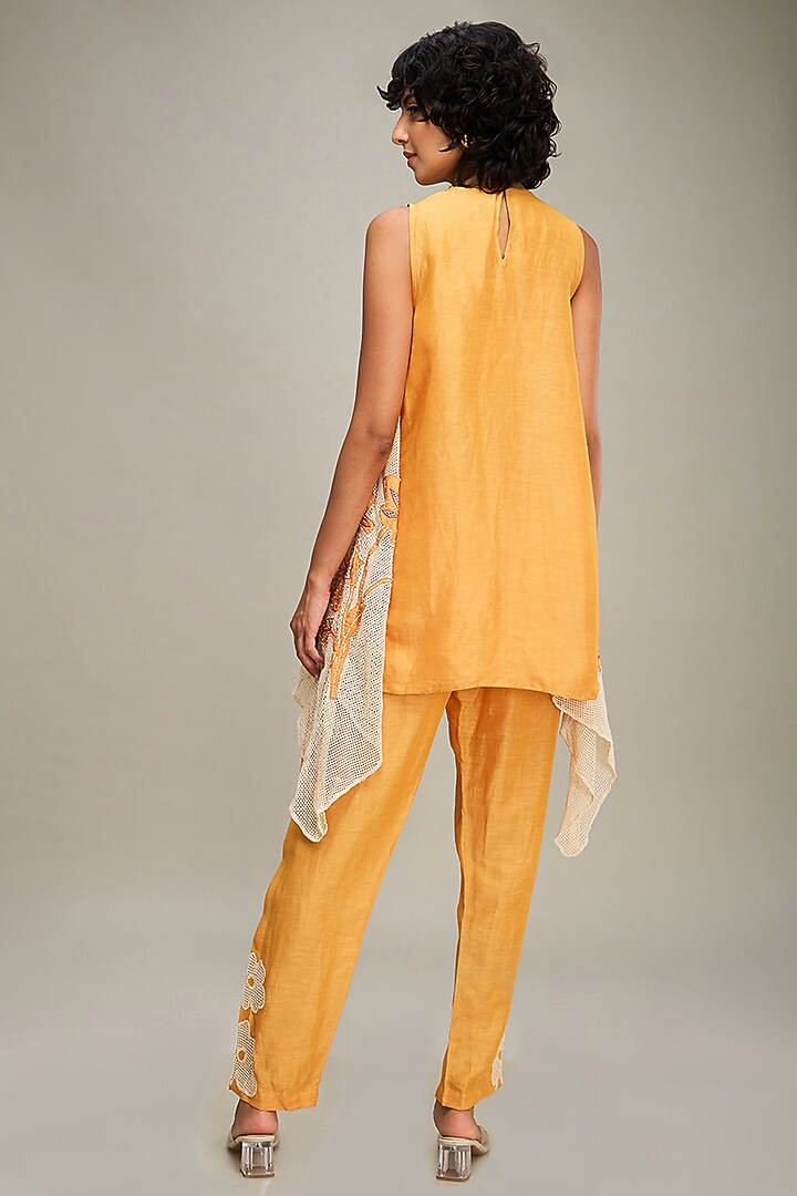 Orange Satin & Handloom Cotton Embroidered Asymmetric Kurta Set by Soup by Sougat Paul at Pernia's Pop Up Shop