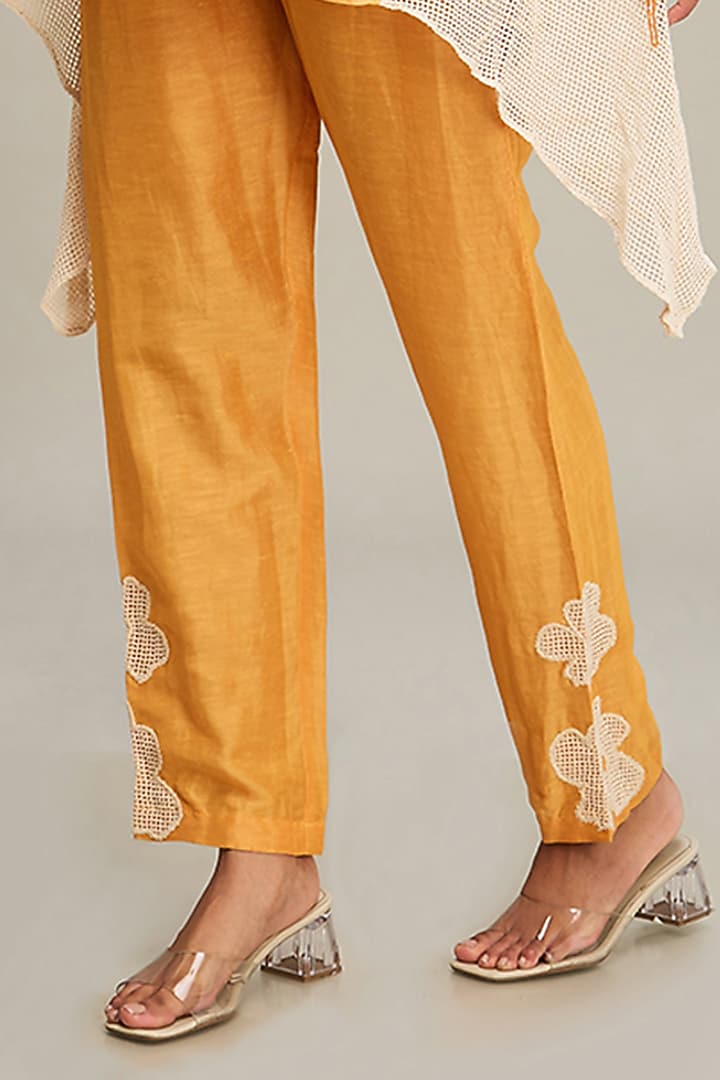 Orange Satin & Handloom Cotton Embroidered Asymmetric Kurta Set by Soup by Sougat Paul at Pernia's Pop Up Shop